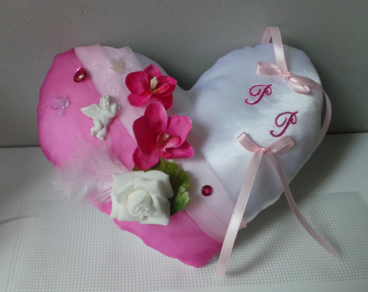 coussin mariage coeur rose  anges