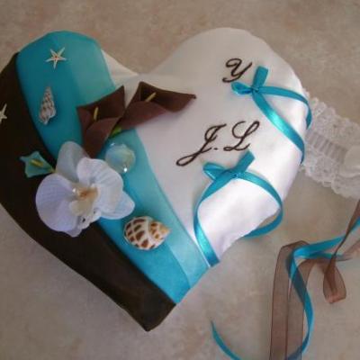 coussin mariage coeur chocolat turquoise jarretière assortie