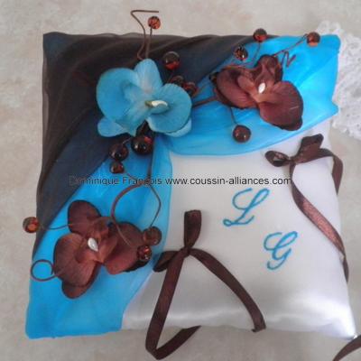 Coussin porte alliances de mariage chocolat turquoise