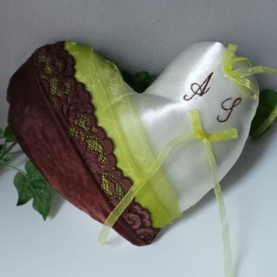 Coussin mariage coeur anis chocolat personnalise