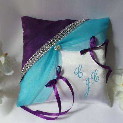 Coussin mariage violet turquoise strass 1 1